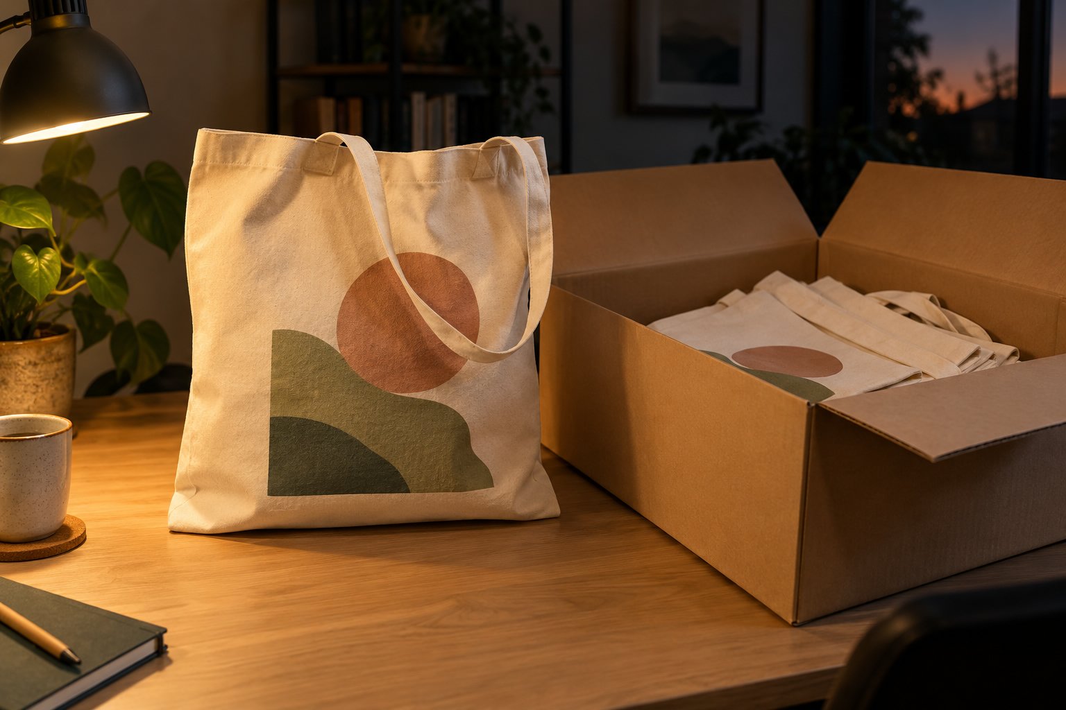 Sac en coton bio personnalisé posé sur une table, avec une boîte ouverte contenant d’autres sacs.