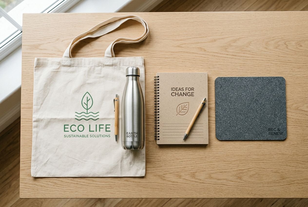 Sac en coton éco-responsable et accessoires réutilisables: gourde inox, carnet “Ideas for Change” et dessous en feutre, pour une goodie transition écologique