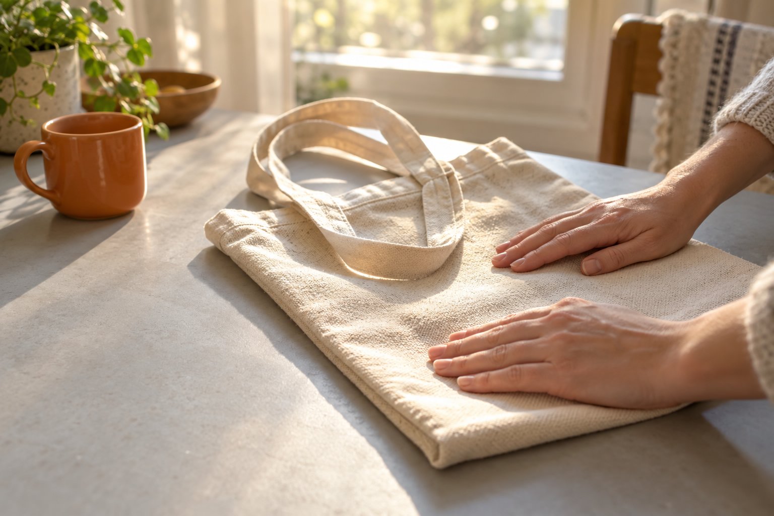 Sac réutilisable en coton posé à plat sur une table, mains près de lui.