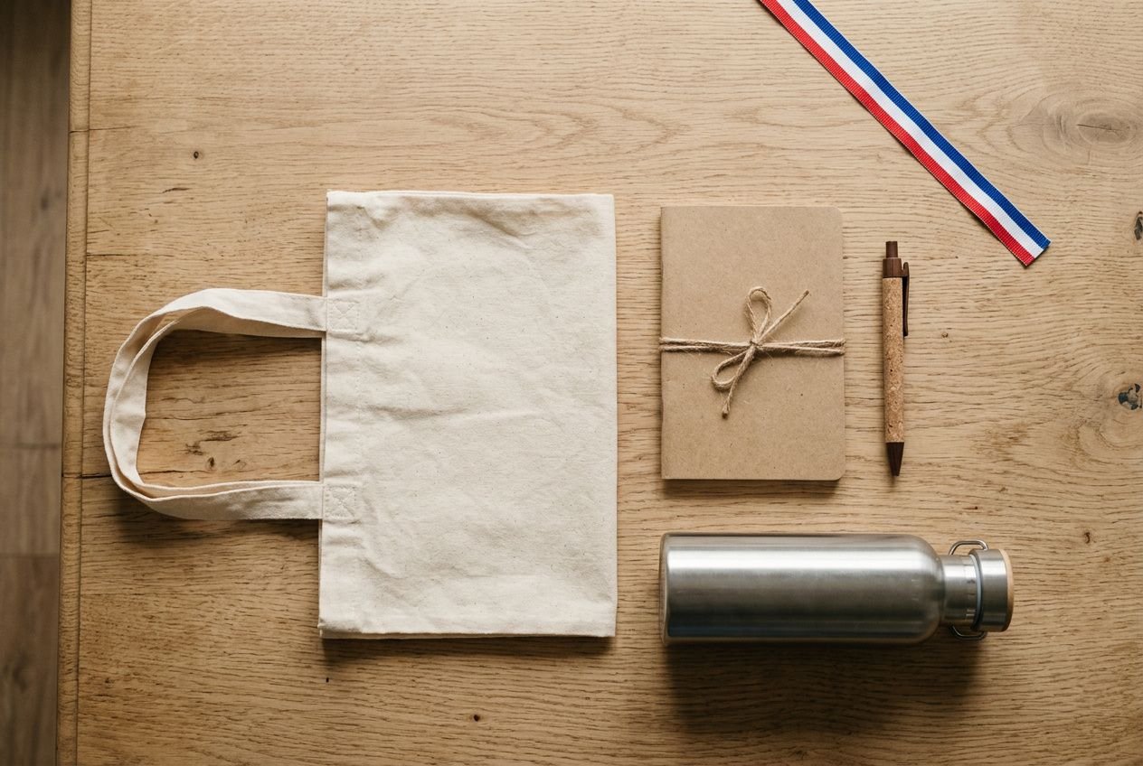 Sac réutilisable en tissu blanc, carnet kraft lié avec ficelle, bouteille métallique et stylo sur une table en bois -- objet fabriqué en France.