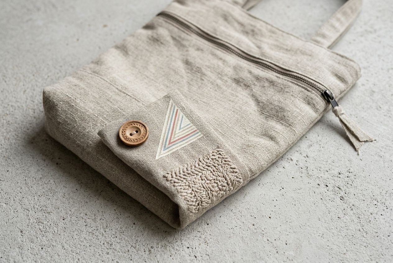 Sac en tissu beige avec poche et bouton, zippé sur le dessus, détail de broderie et patch triangulaire. Objet fabriqué en france.