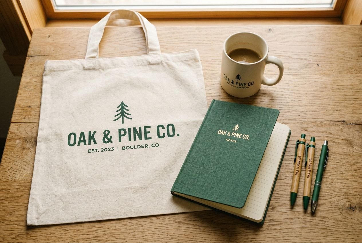 Sac en toile Oak & Pine Co. et carnet vert avec stylos, prêts pour livraison rapide objets publicitaires et goodies.