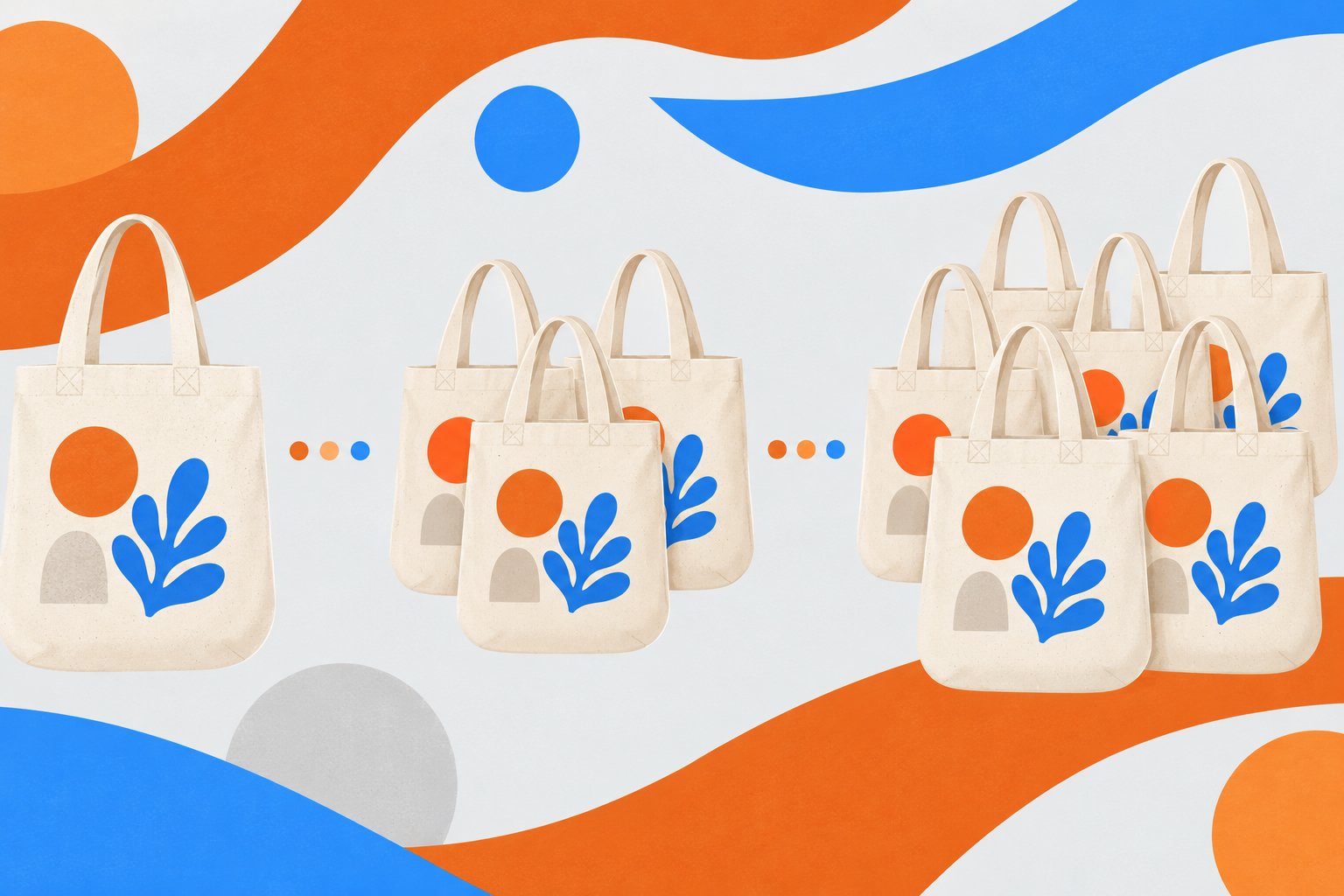 Sacs en coton vierge imprimés avec des motifs orange et bleu alignés sur un fond coloré.