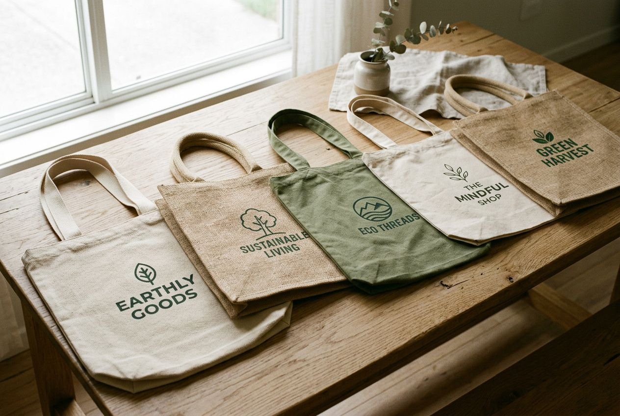 Sacs réutilisables imprimés avec logos écoresponsables sur une table en bois, prêt à être personnalisés - goodies pas cher petite quantité.