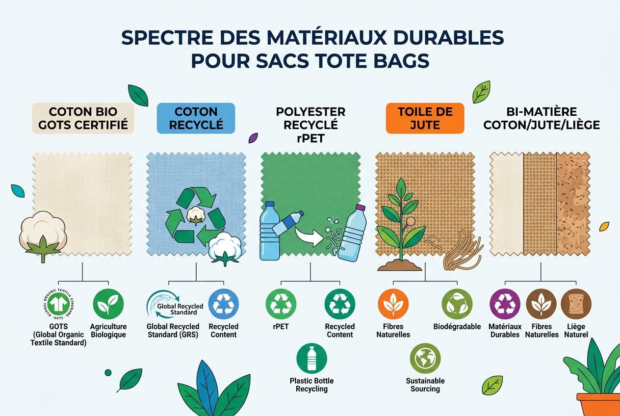 Sacs tote bags; étiquettes de matériaux durables et logos: coton bio, coton recyclé, polyester recyclé, toile de jute et bi-matière coton/jute/liège, avec icônes et procédures de recyclage. tote bag personnalisé entreprise intégré.