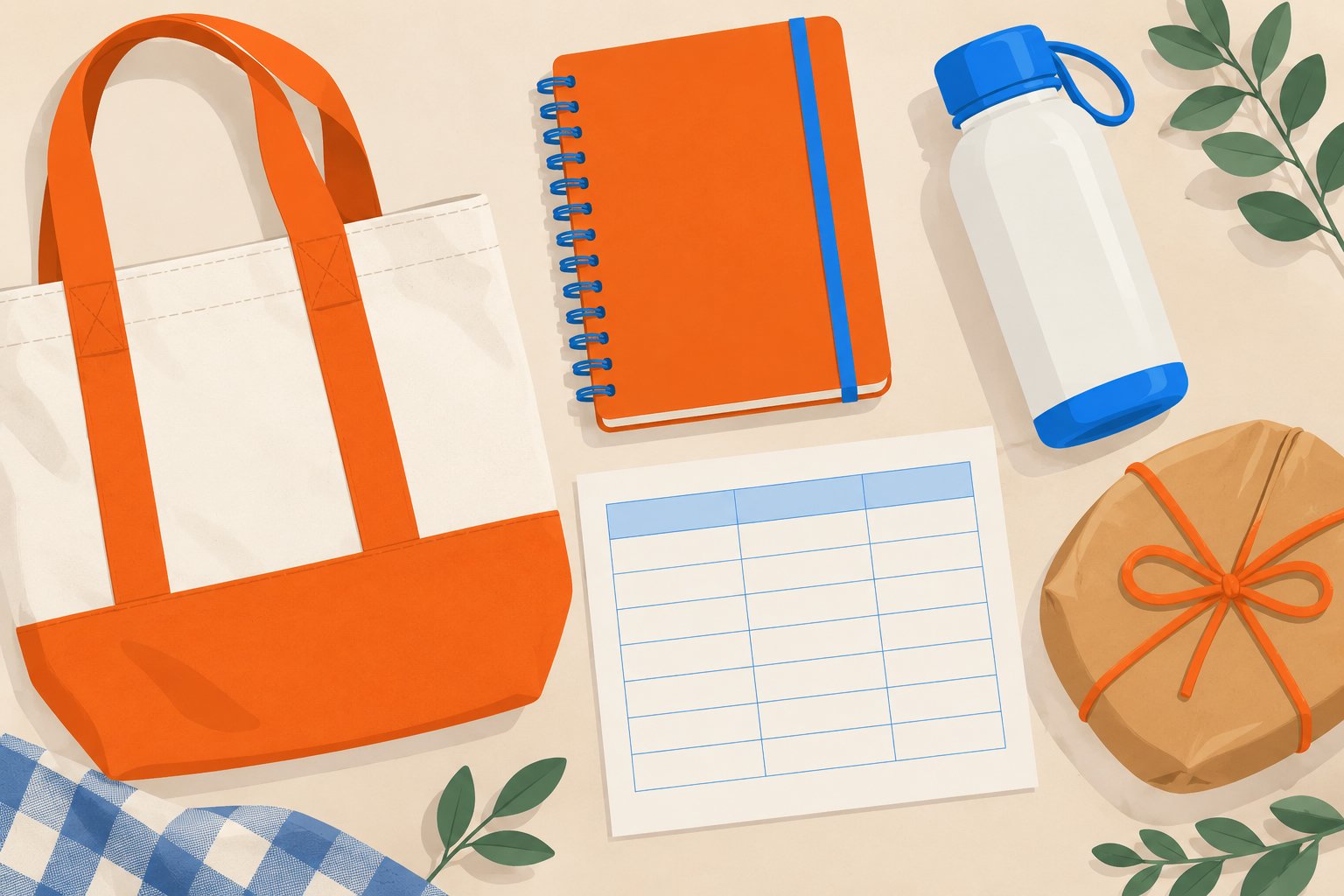 Sactote orange et blanc avec des poignées orange, carnet orange et bleu, bouteille blanche et bleue, fiche imprimée, et
