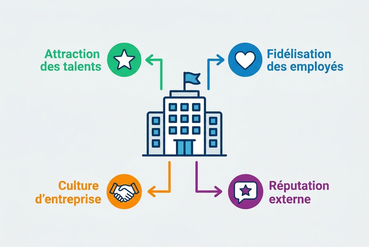 Schéma d’une entreprise: attractions des talents, fidélisation des employés, culture d’entreprise et réputation externe autour d’un bâtiment central. | comment renforcer l'image de marque d'une entreprise
