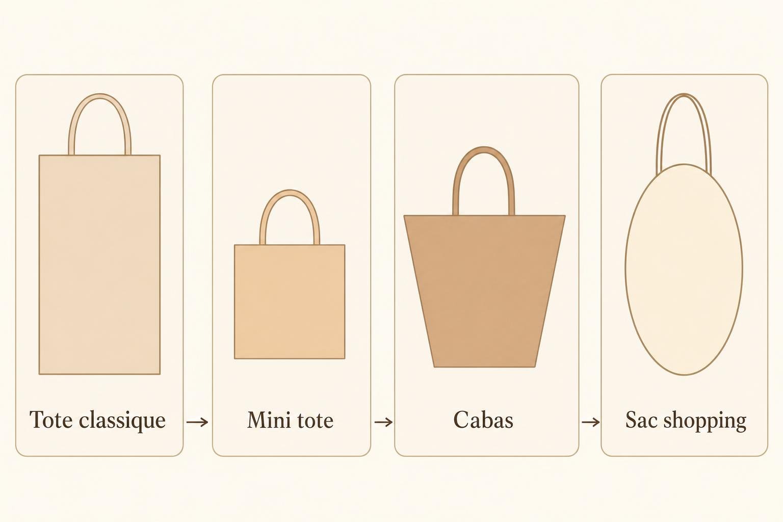 Séries de sacs en ligne: Tote classique, Mini tote, Cabas et Sac shopping, montrant l’évolution des modèles.