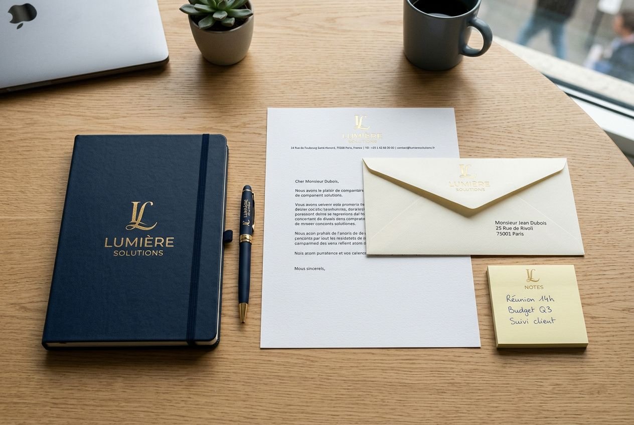 Set de papeterie professionnelle personnalisée sur bureau en bois: carnet bleu sombre avec logo, enveloppes et papier à en-tête, stylo et post-it assortis. papeterie personnalisée entreprise.