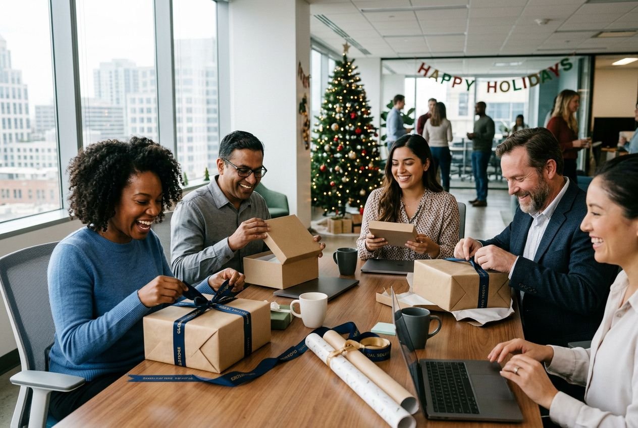 Soulagement collectif autour d’un colis décoré, en contexte “goodies fin d'année entreprise”: collègues heureux ouvrant des cadeaux personnalisés sur une table, sapin et décorations de Noël en arrière-plan.