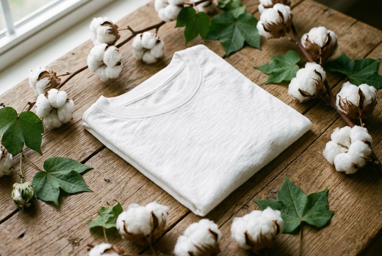 T-shirt bio personnalisé plié sur une table en bois, entouré de coton et de feuilles vertes.