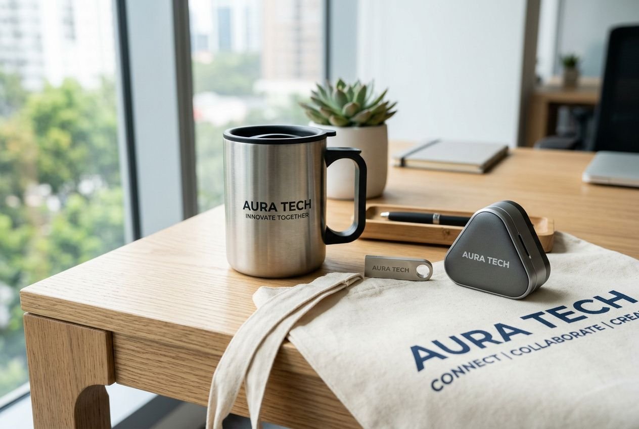 Tasse isotherme et goodies d’entreprise personnalisés AURA TECH sur un bureau, illustration de comment choisir goodies entreprise.
