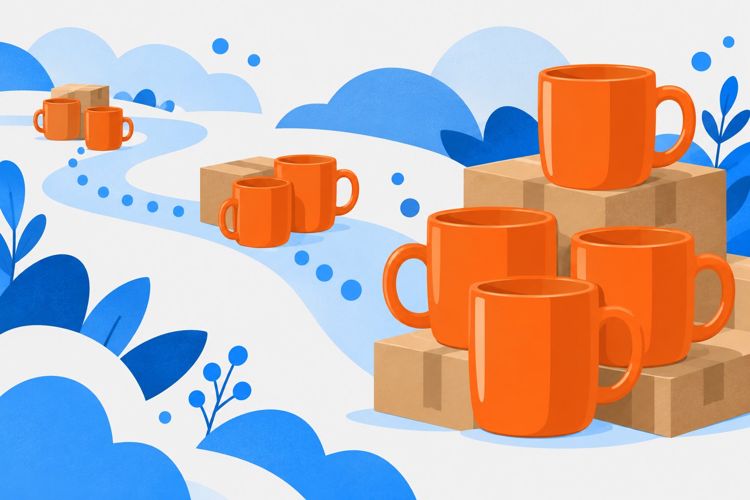 Des tasses orange posées sur des boîtes en carton sur fond bleu avec des motifs floraux.