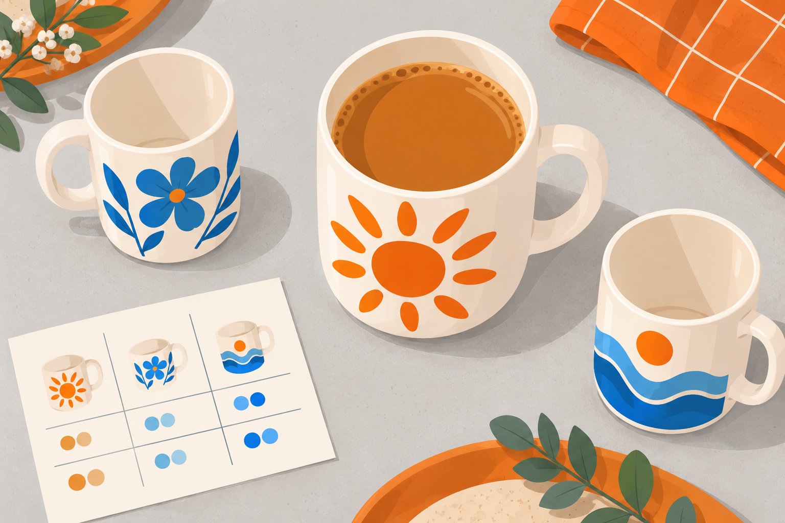 Three mugs decorés avec des motifs colorés et une carte de propositions de designs posées à côté.