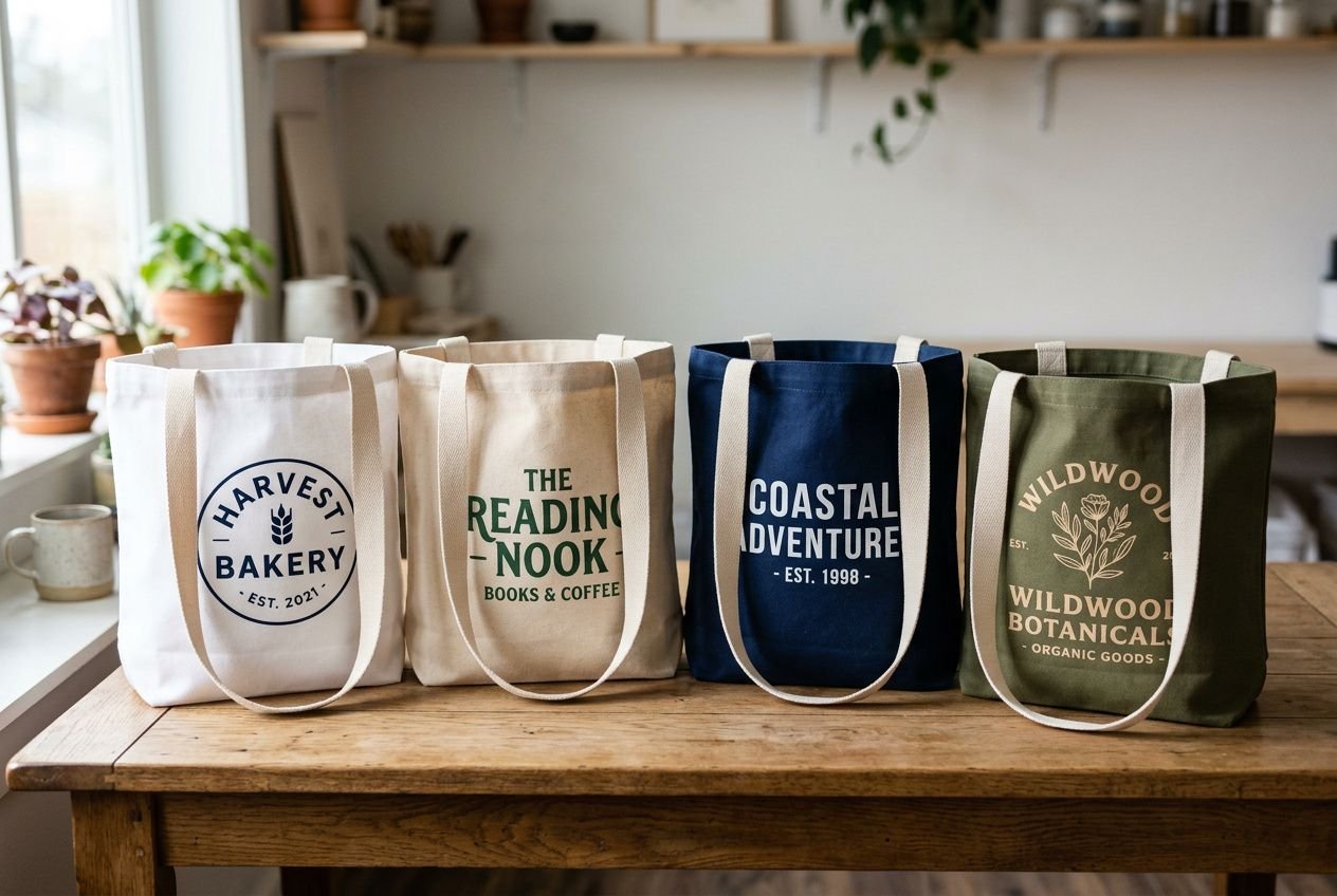 Tote bag personnalisé pas cher en coton: sacs réutilisables colorés alignés sur une table en bois, chacun affichant une impression et logo distinctifs.