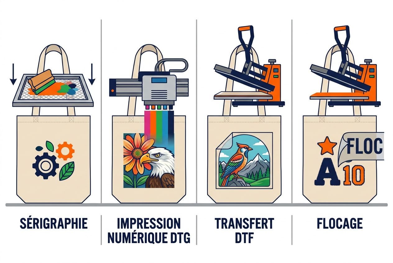 Tote bag personnalisé pas cher illustré à travers 4 étapes: sérigraphie, impression numérique DTG, transfert DTF et flocage sur coton.