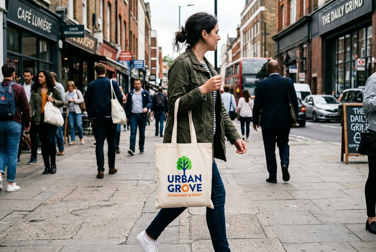 Tote bag personnalisé entreprise porté par une femme marchant en ville, sac imprimé « Urban Grove » avec logo arbre, ambiance urbaine.