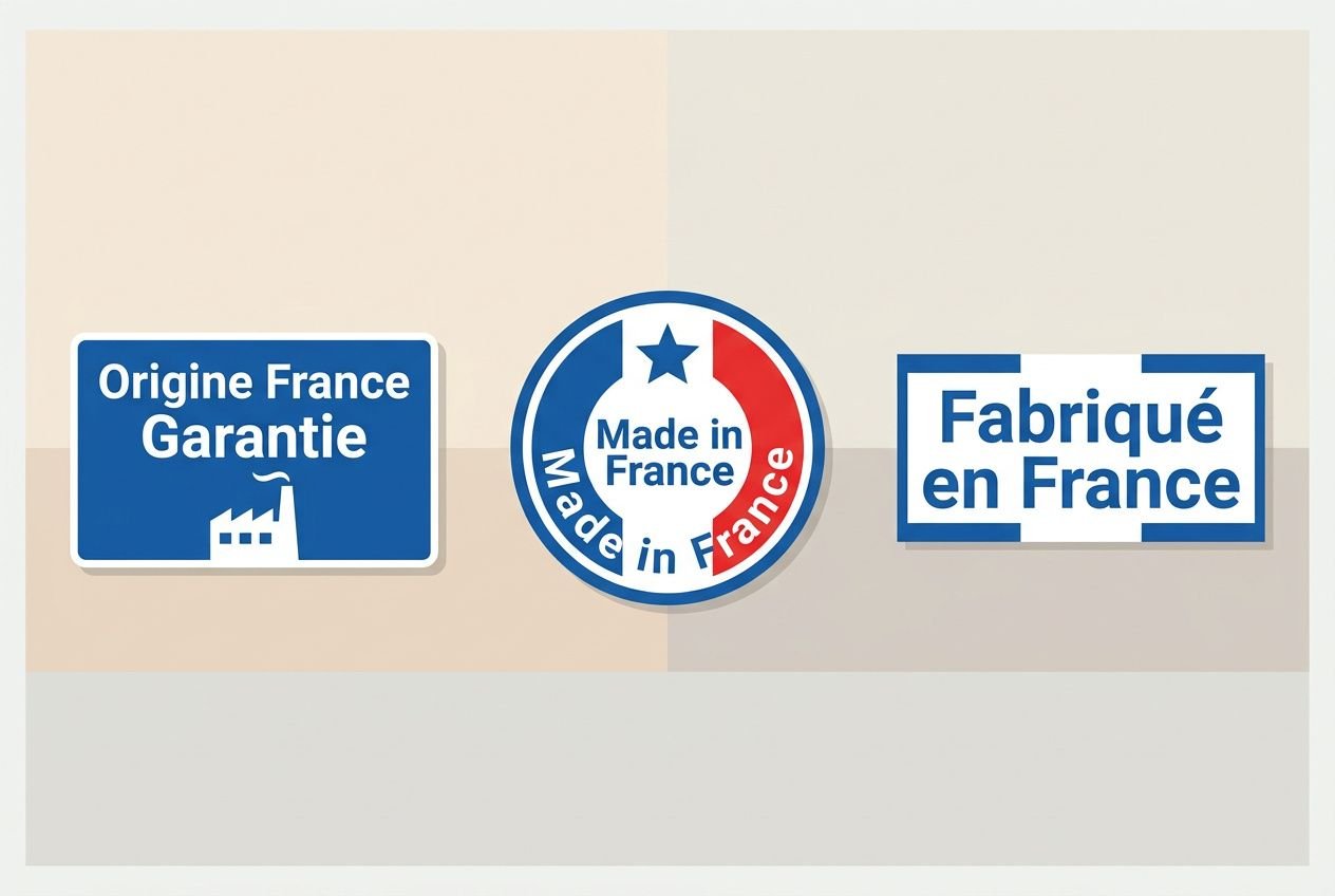 Trois logos “Made in France” et “Fabriqué en France” illustrant l’origine et la fabrication française des goodies. objet fabriqué en france