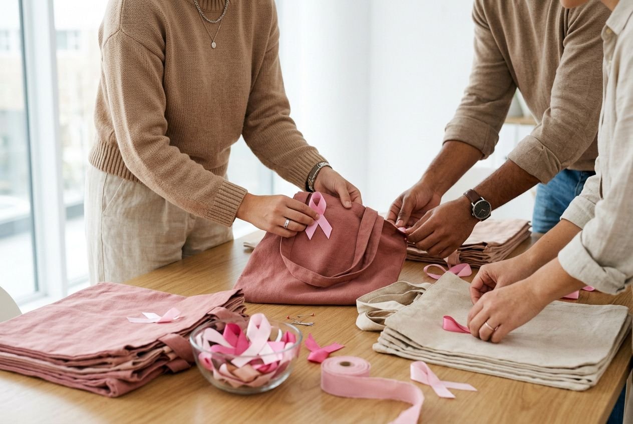 Trois personnes préparent des sacs et articles rose en soutien octobre rose boutique en ligne, avec rubans et décorations solidaires.