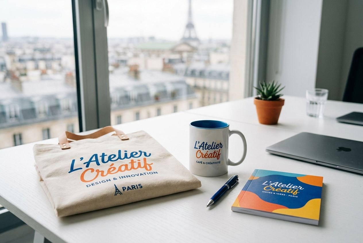 Trousse et mug « L'Atelier Créatif » sur bureau, carnet coloré et ordinateur, vue Paris au fond, livraison rapide objets publicitaires.