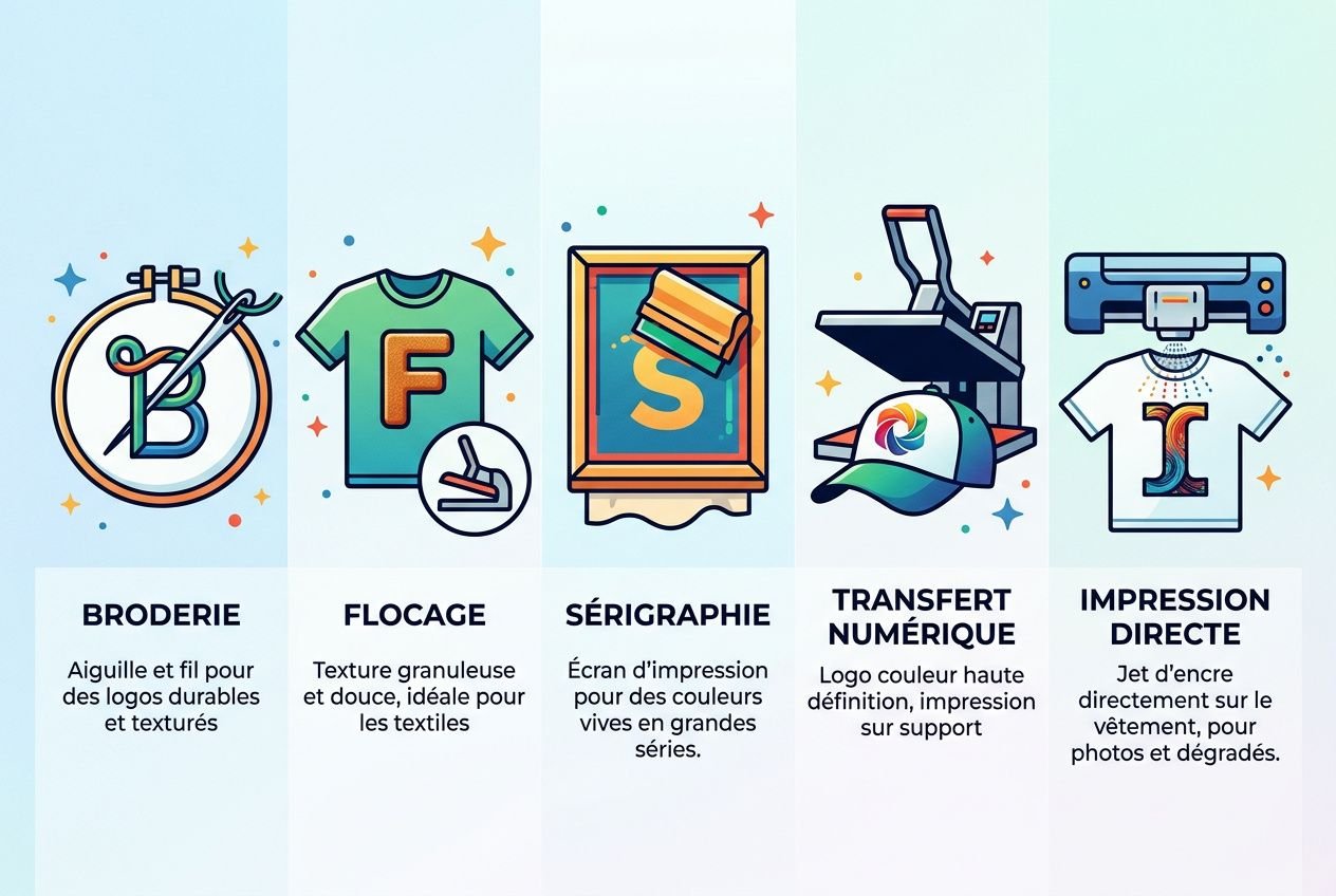 Vêtement personnalisé entreprise pas cher : affiche digitale avec broderie, flocage, sérigraphie, transfert numérique et impression directe sur vêtements.