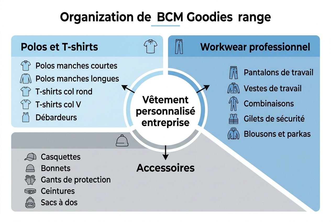 Vêtement personnalisé entreprise pas cher: schéma d’organisation BCM Goodies avec sections Polos et T-shirts, Workwear professionnel et Accessoires.
